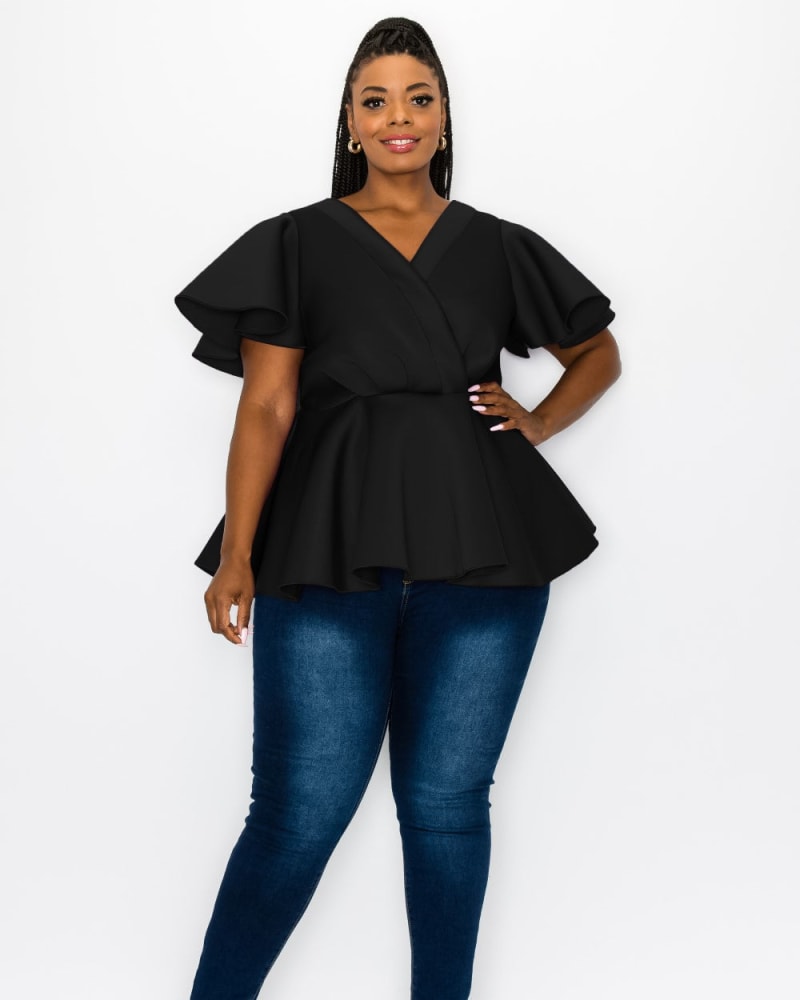 Front of a model wearing a size 1X Siobhan Peplum Top in Black by L I V D. | dia_product_style_image_id:241012